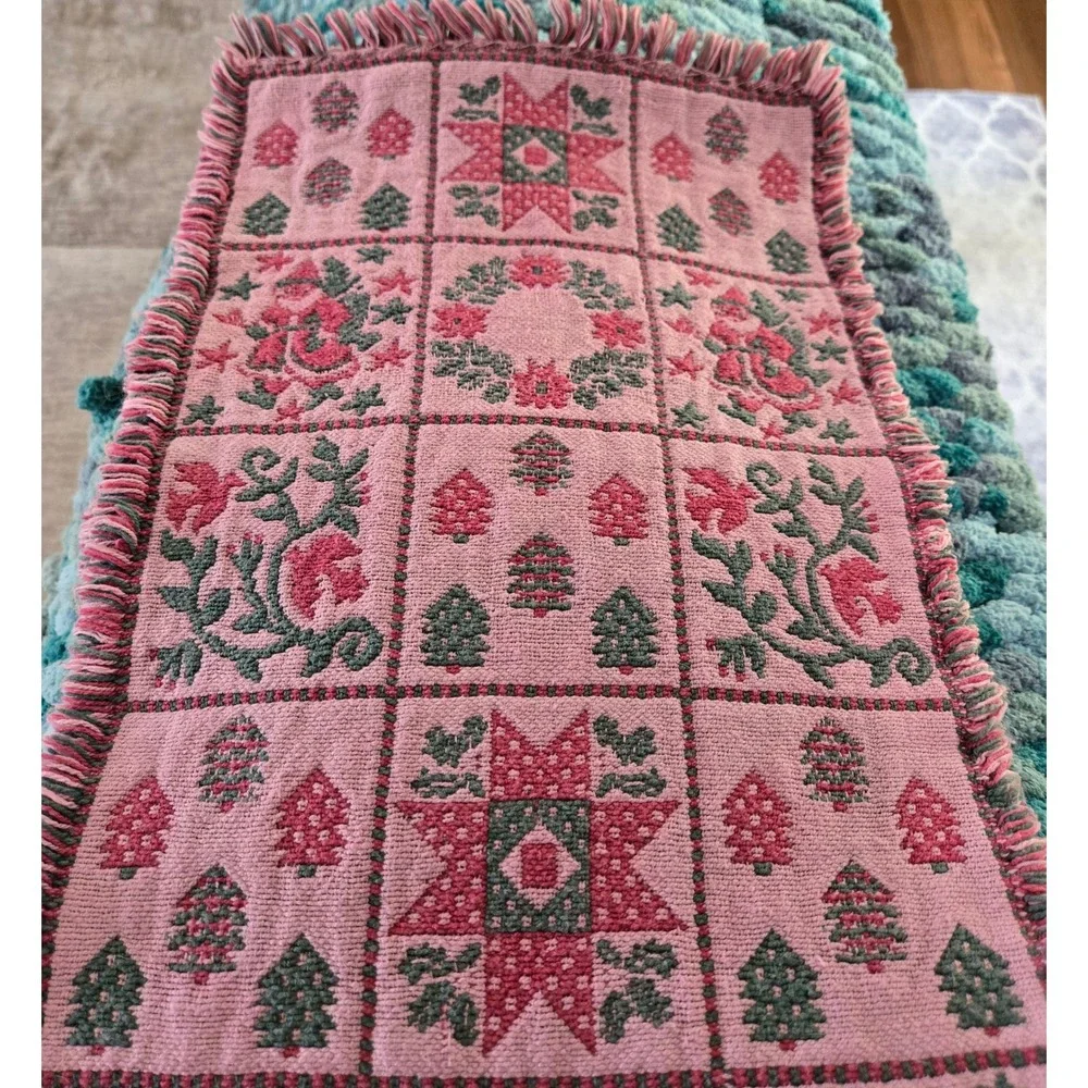 Vintage Woven Christmas Table Runner Reversible Pink Green Santa Fringe 70in
